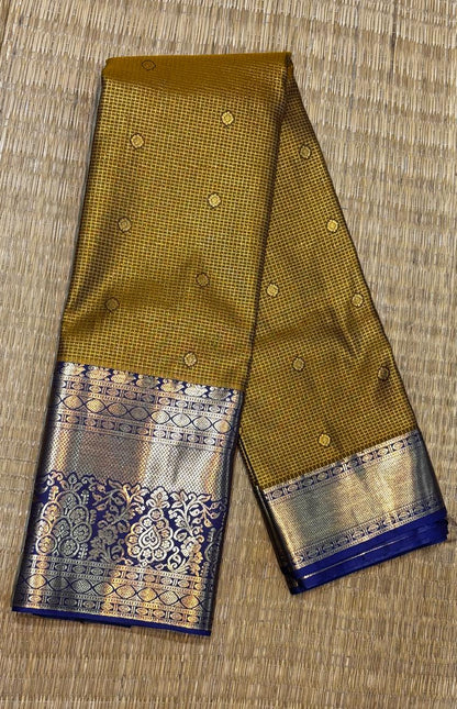 Antique Mustard Gold &amp; Royal Blue Semi Dharmavaram Silk Saree with Zari Checks and Brocade Pallu