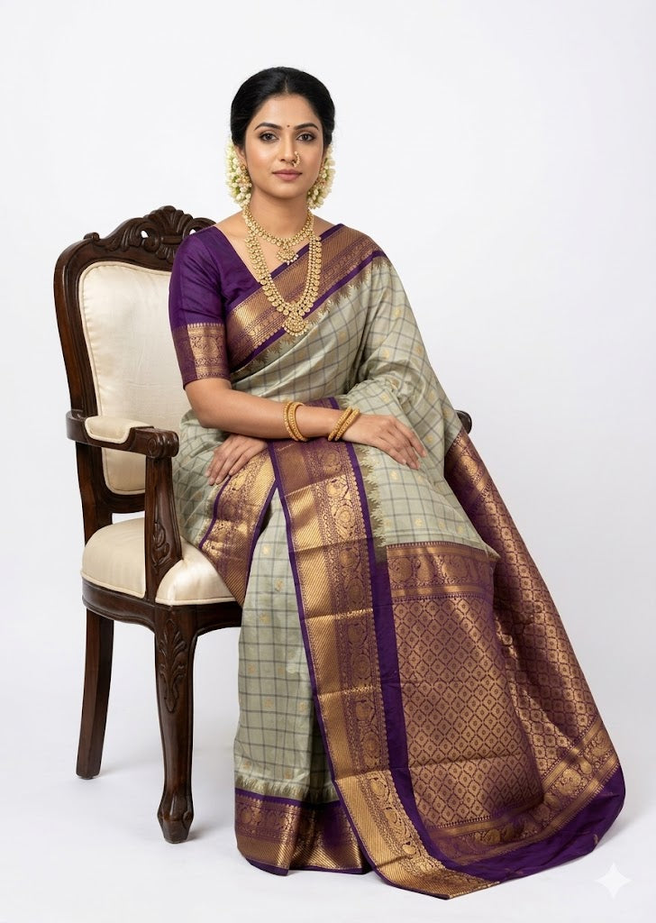 Authentic Silver-Grey Checkered Gadwal Silk Saree with Deep Purple Border