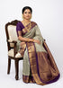 Authentic Silver-Grey Checkered Gadwal Silk Saree with Deep Purple Border - pochampallysarees.com