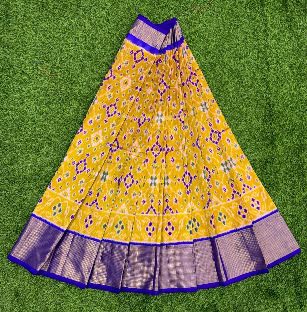 Yellow and Blue Ikkat Silk Big Size Lehenga (8 Years to 50 Years)with silk mark