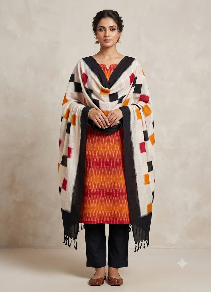 DOUBLE IKKAT BLACK WITH YELLOW AND RED COLOR DRESS MATERIALS ONLINE-B49