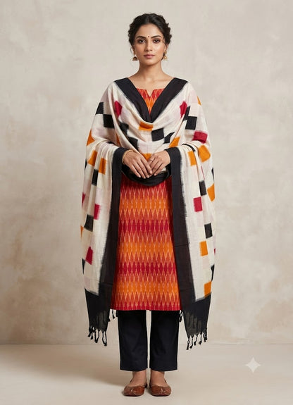DOUBLE IKKAT BLACK WITH YELLOW AND RED COLOR DRESS MATERIALS ONLINE-B49