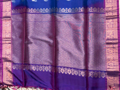 Royal Blue Pure Soft Silk Saree with Contrasting Purple Zari Border &amp; Pallu