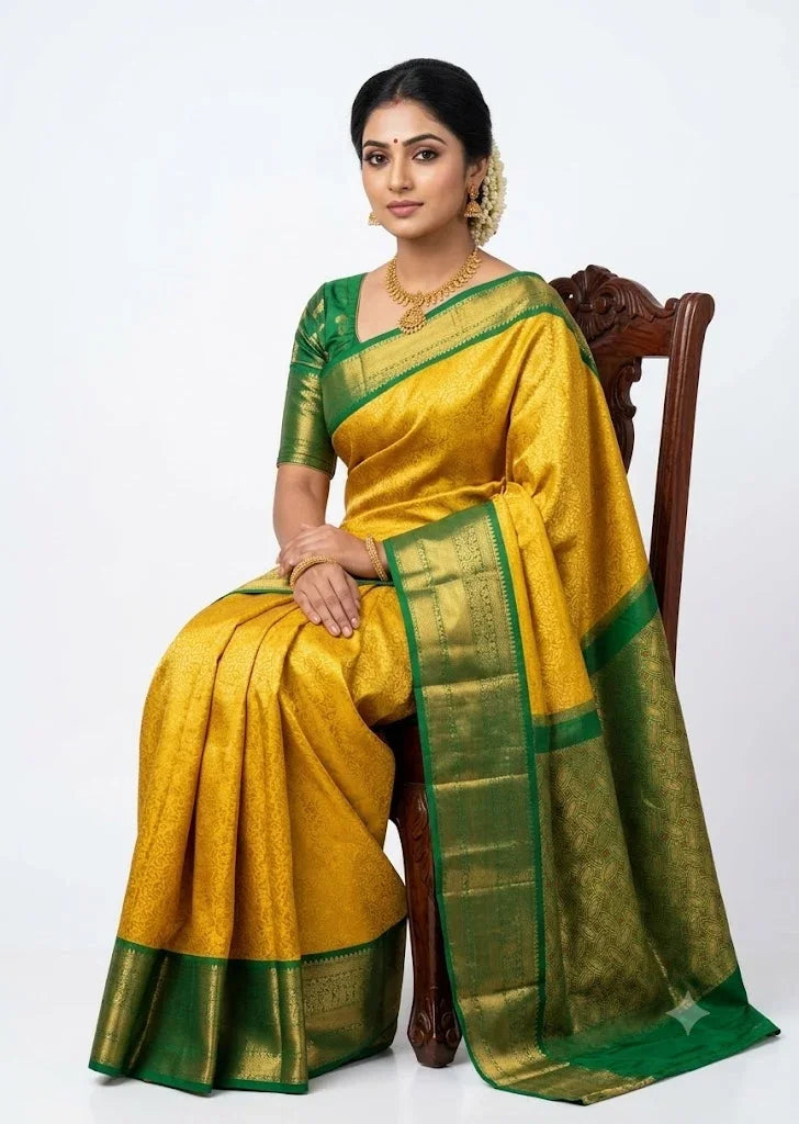 Dharmavaram Pattu Silk Saree – Mustard Yellow & Green - pochampallysarees.com