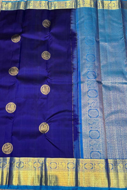 Royal Blue Pure Kanchipuram Silk Saree with Sky Blue Zari Pallu | Handwoven Kanchi Pattu - pochampallysarees.com