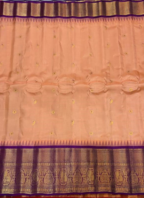 Elegant Peach and Lavender Gadwal Silk Saree with Zari Border - pochampallysarees.com