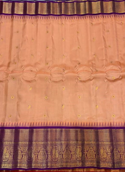 Elegant Peach and Lavender Gadwal Silk Saree with Zari Border - pochampallysarees.com