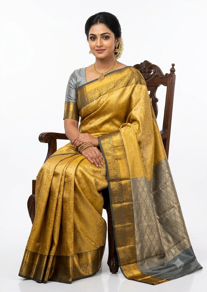 Dharmavaram Pattu Silk Saree – Yellow With Gray