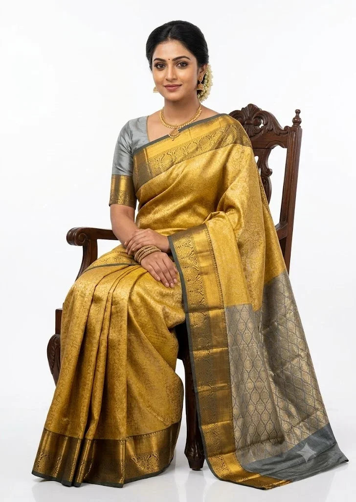 Dharmavaram Pattu Silk Saree – Yellow With Gray - pochampallysarees.com