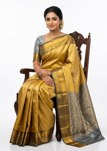 Dharmavaram Pattu Silk Saree – Yellow With Gray