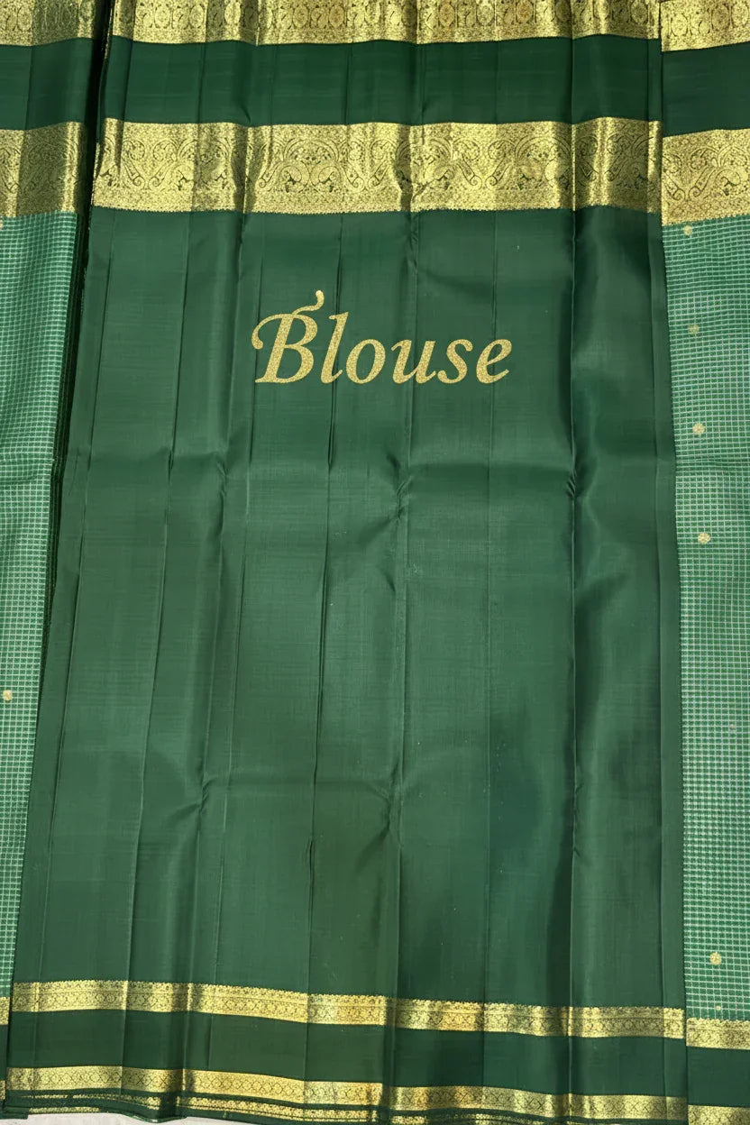 Authentic Green Kanchipuram Pattu Saree with Gold Zari Checks and Heavy Border - pochampallysarees.com