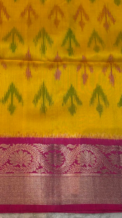 Kanchi Pure Soft Silk Ikat Body Saree with Pink Pallu