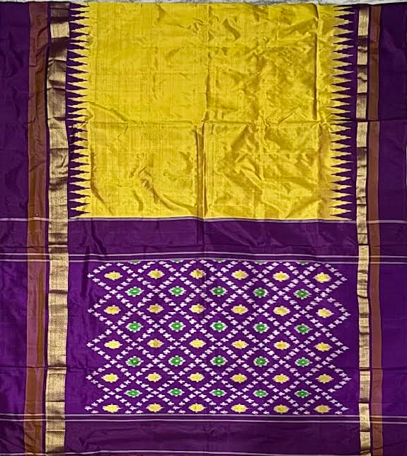Luminous Yellow &amp; Deep Purple Temple Border Ikkat Silk Saree