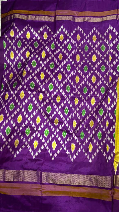 Luminous Yellow &amp; Deep Purple Temple Border Ikkat Silk Saree