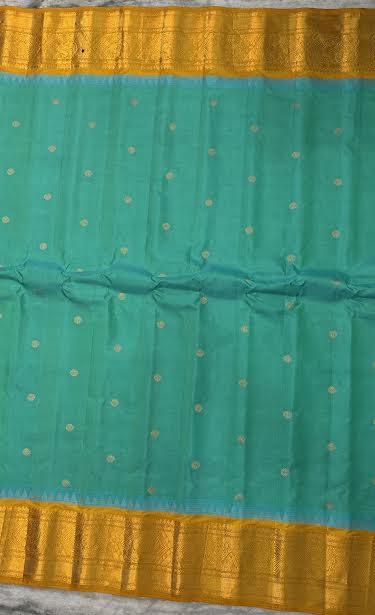 Pure Gadwal Silk Saree in Turquoise Blue and Mustard Yellow