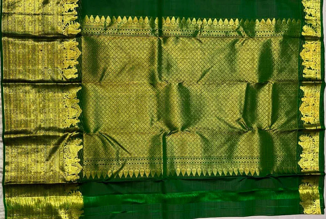 Traditional Emerald Green Pure Kanchi Pattu Saree with Gold Zari - pochampallysarees.com