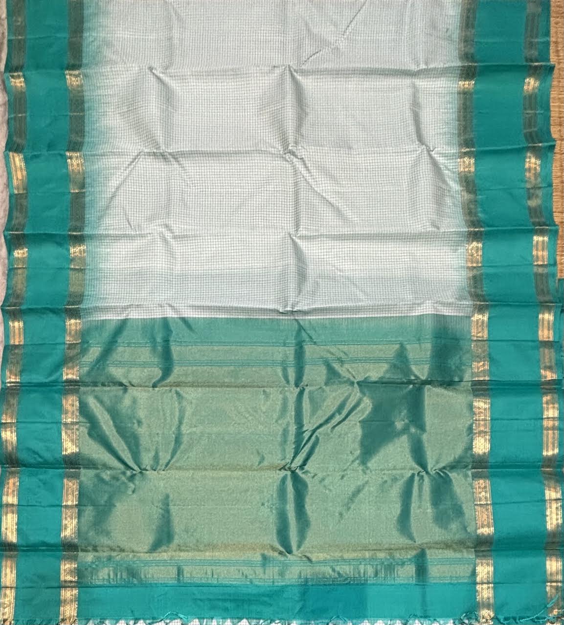 Light Blue &amp; Emerald Green Kanchi Silk Saree with Checked Body &amp; Zari Border