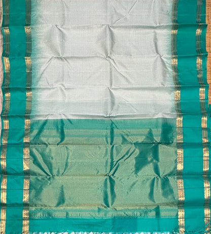Light Blue &amp; Emerald Green Kanchi Silk Saree with Checked Body &amp; Zari Border