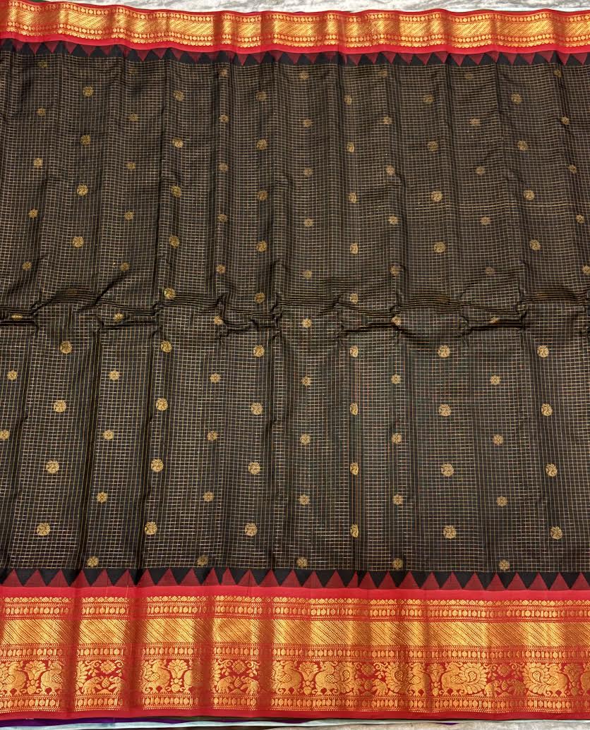 Pure Gadwal Silk Saree in Jet Black Checks with Rich Red Zari Border - pochampallysarees.com