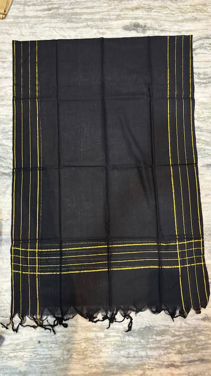 Elegant Charcoal &amp; Black Pochampally Ikkat Cotton Unstitched Suit Set