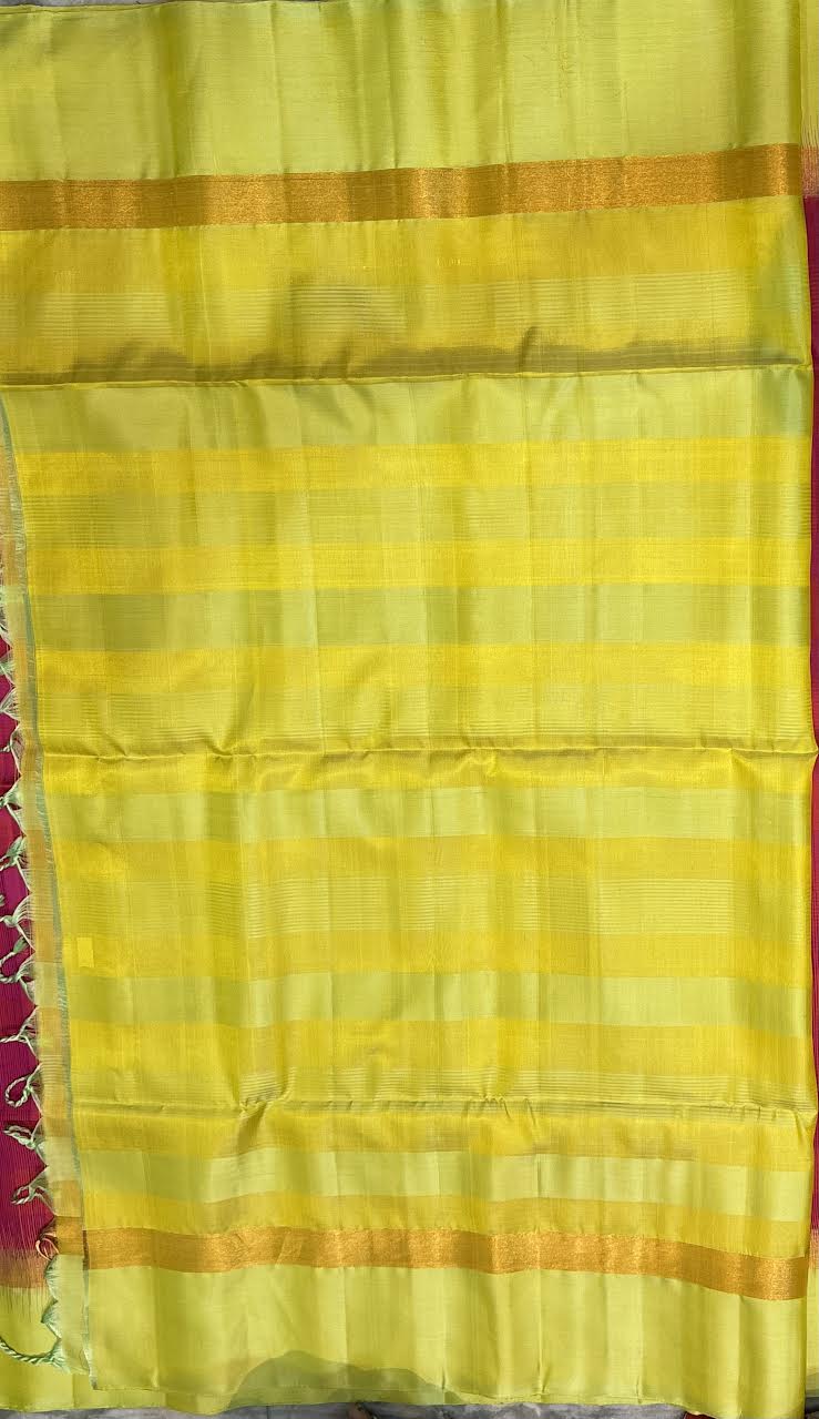 Pink &amp; Lime Green Checkered Handloom Silk Saree with Golden Zari Pallu