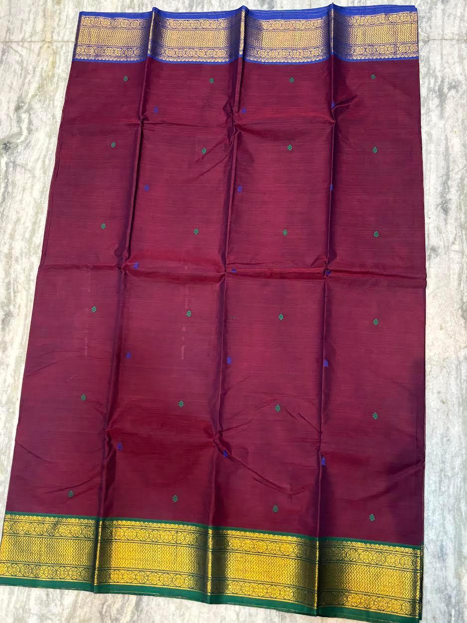 Pure Narayanpet Cotton Butti Saree Maroon with Gold Zari Border Traditional Handloom Saree