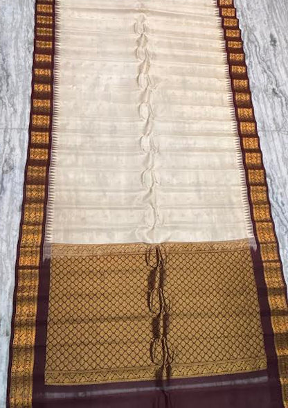 Pure Gadwal Silk Saree in Cream with Chocolate Brown Pallu &amp; Blouse