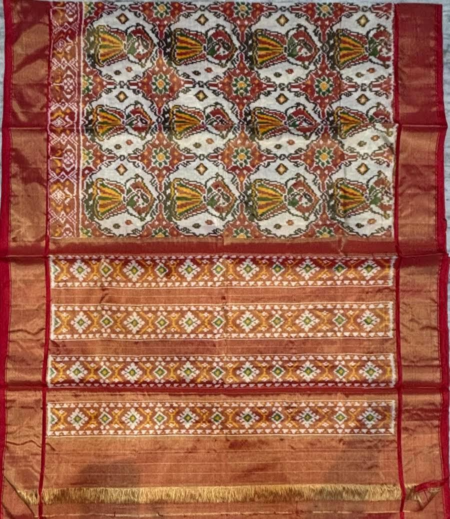 Pure Pochampally Ikkat Silk White Red Saree - pochampallysarees.com