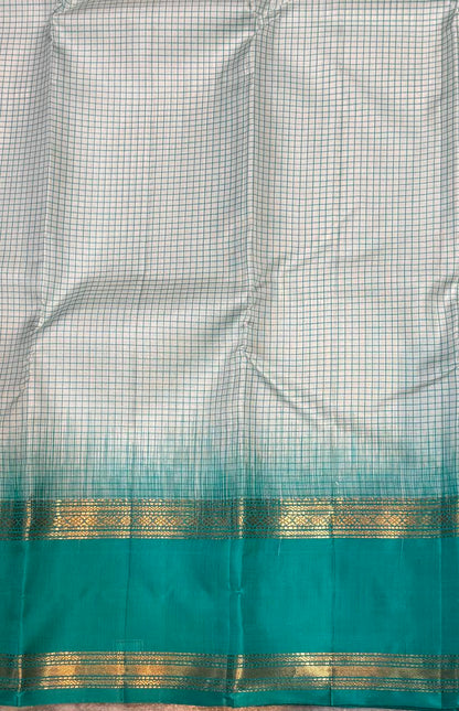 Light Blue &amp; Emerald Green Kanchi Silk Saree with Checked Body &amp; Zari Border