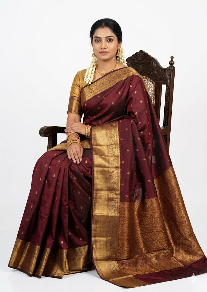 Authentic Rich Wine Burgundy Dharmavaram Silk Saree with Heavy Gold Zari Border