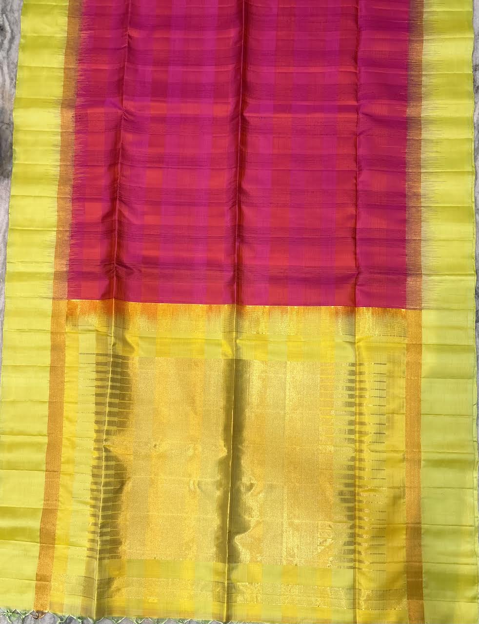 Pink &amp; Lime Green Checkered Handloom Silk Saree with Golden Zari Pallu