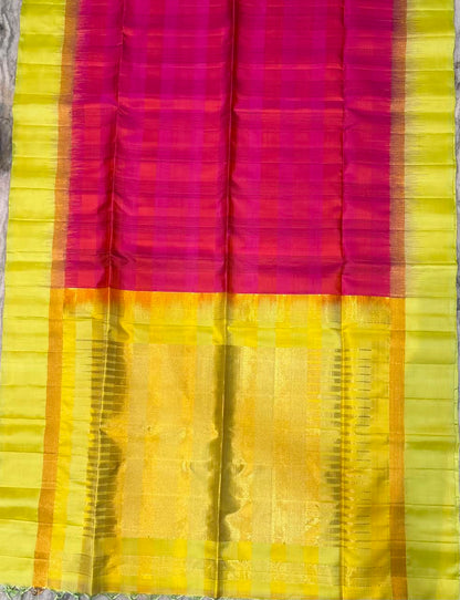 Pink &amp; Lime Green Checkered Handloom Silk Saree with Golden Zari Pallu