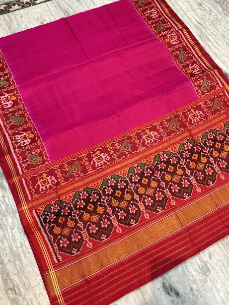 Vibrant Magenta Pure Real Patola Silk Saree with Red Elephant Motif Border