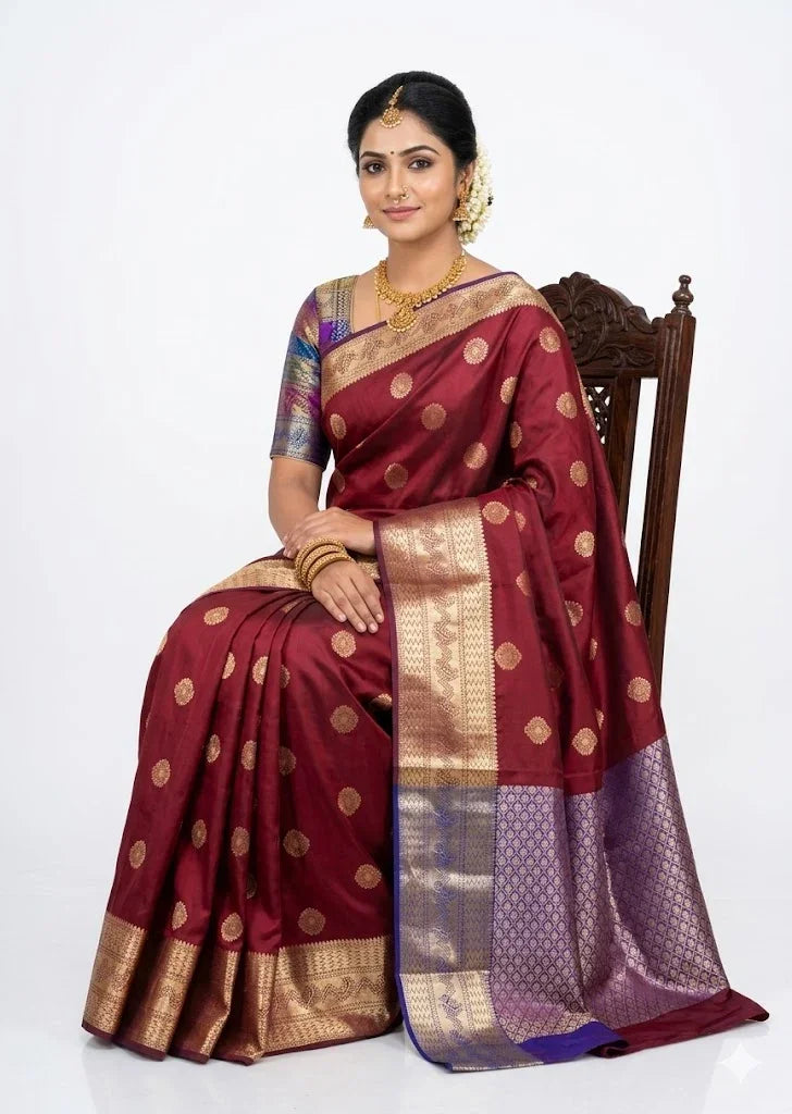 Dharmavaram Pattu Maroon Silk Woven Saree with Grand Gold Pallu - pochampallysarees.com