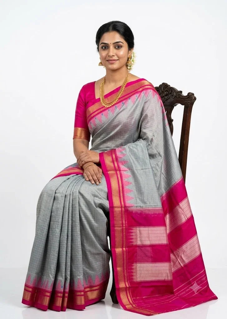 Elegant Gray Gadwal Saree with Pink Temple Border & Striped Pallu - pochampallysarees.com