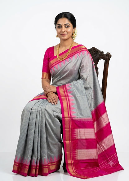 Elegant Gray Gadwal Saree with Pink Temple Border &amp; Striped Pallu