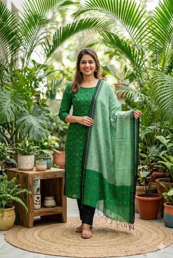 Unstitched Ikat Cotton Suit Green Black Material - pochampallysarees.com