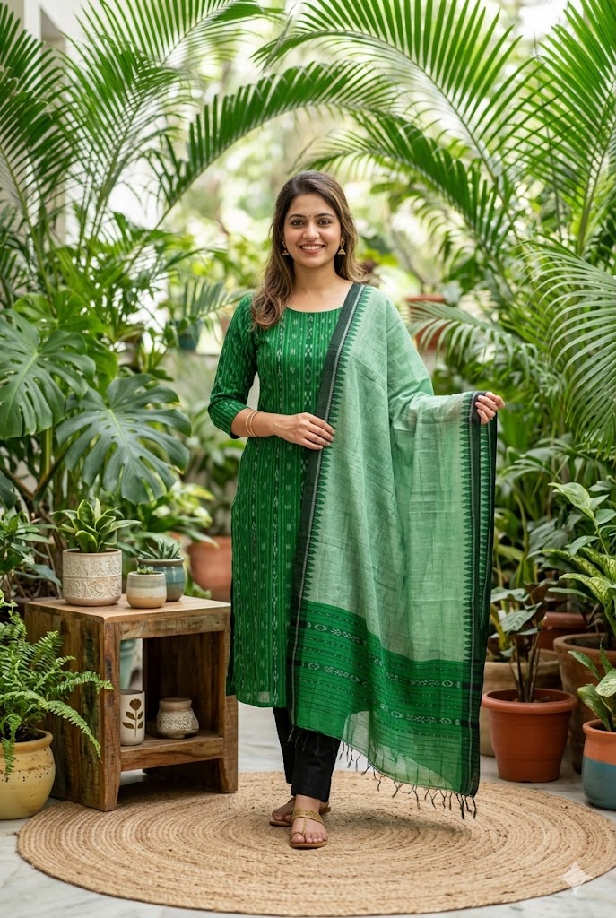 Unstitched Ikat Cotton Suit Green Black Material