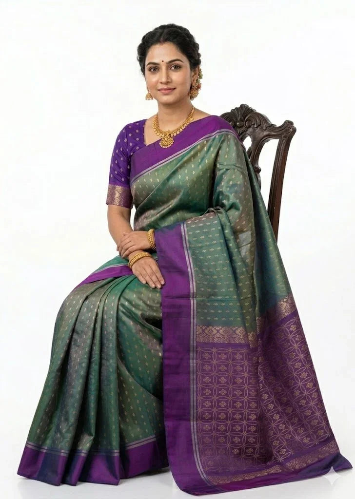 A beautiful woman wearing a vibrant soft silk saree with intricate zari work, styled with traditional jewelry.