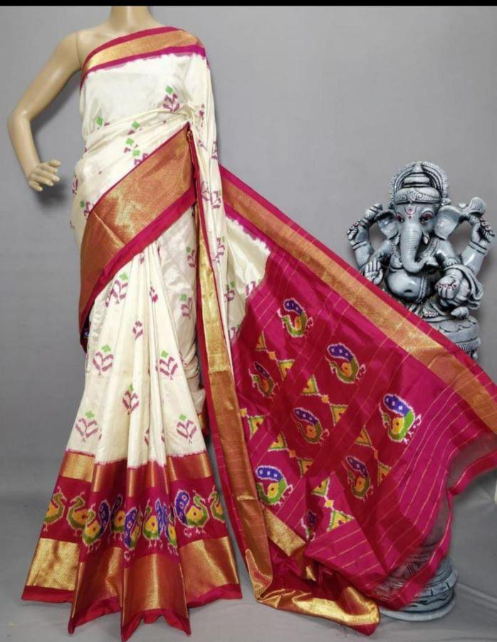 Embracing Elegance: The Charm of Cream and Pink Ikkat Silk Saree - pochampallysarees.com