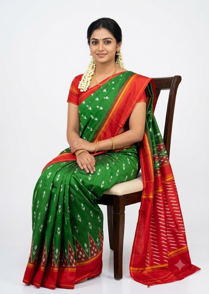 Traditional Indian woman wearing an emerald green and crimson red Pochampally Ikat pure silk saree seated on a wooden chair against a white background