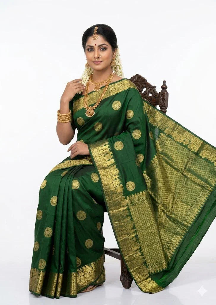 A smiling South Indian woman seated gracefully, draped in a traditional emerald green pure kanchi pattu saree featuring gold zari coin motifs and a grand heavy border, styled with classic temple jewelry.