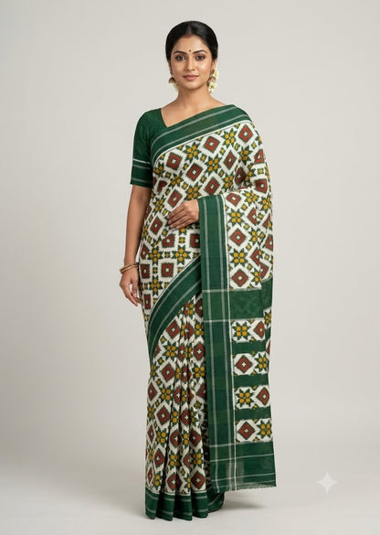 Model standing against a neutral backdrop wearing an authentic Telia Rumal handloom cotton saree in green and white with geometric patterns, traditional jewelry, and a bun with flowers.