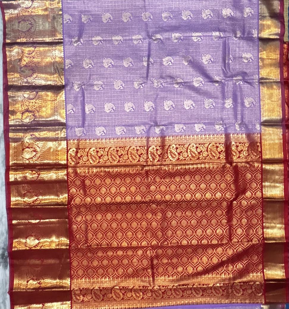 Semi Dharmavaram Silk Saree in Lavender and Deep Red with Gold Zari