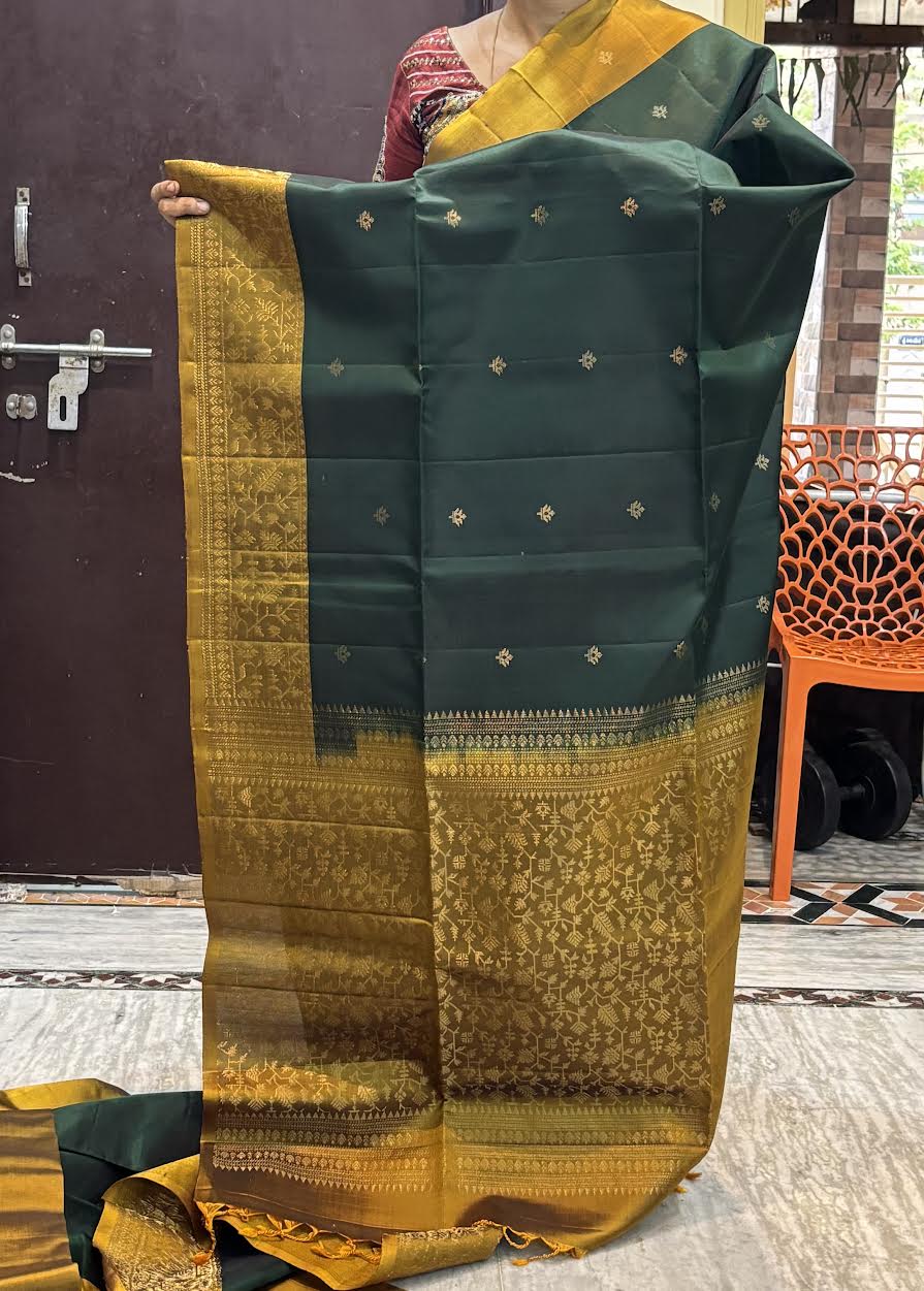 Pure Kanchi Soft Silk Saree in Bottle Green with Antique Gold Zari Border | Silk Mark Certified