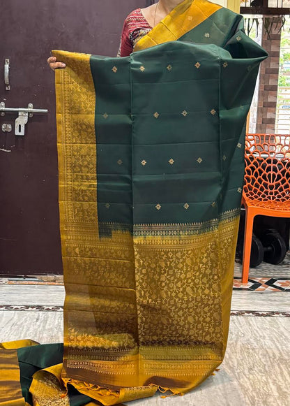 Pure Kanchi Soft Silk Saree in Bottle Green with Antique Gold Zari Border | Silk Mark Certified