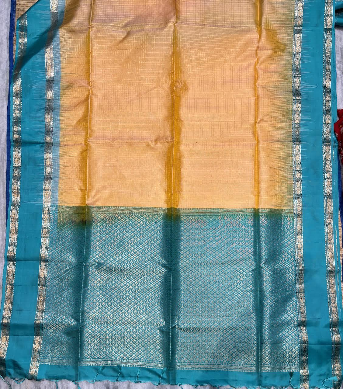 Peach and Teal Blue Kanjivaram Silk Saree with Gold Zari Border with Silk Mark