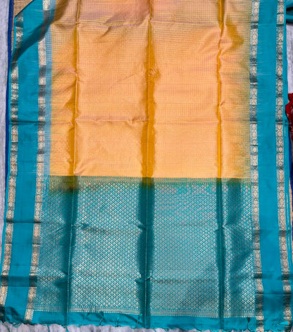 Peach and Teal Blue Kanjivaram Silk Saree with Gold Zari Border with Silk Mark