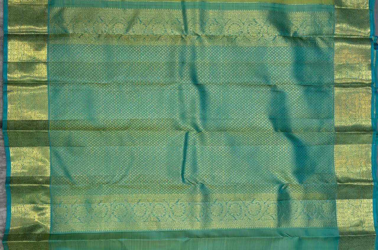 Authentic Green Kanchipuram Pattu Silk Saree with Teal Border - pochampallysarees.com