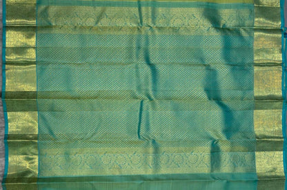 Authentic Green Kanchipuram Pattu Silk Saree with Teal Border - pochampallysarees.com